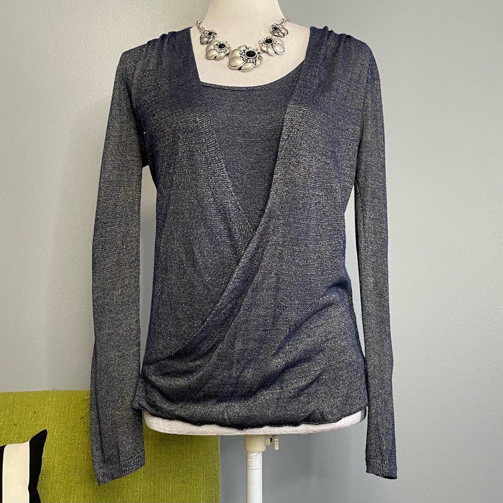 White House Black Market WHBM Metallic Blue Draped Front Top XS